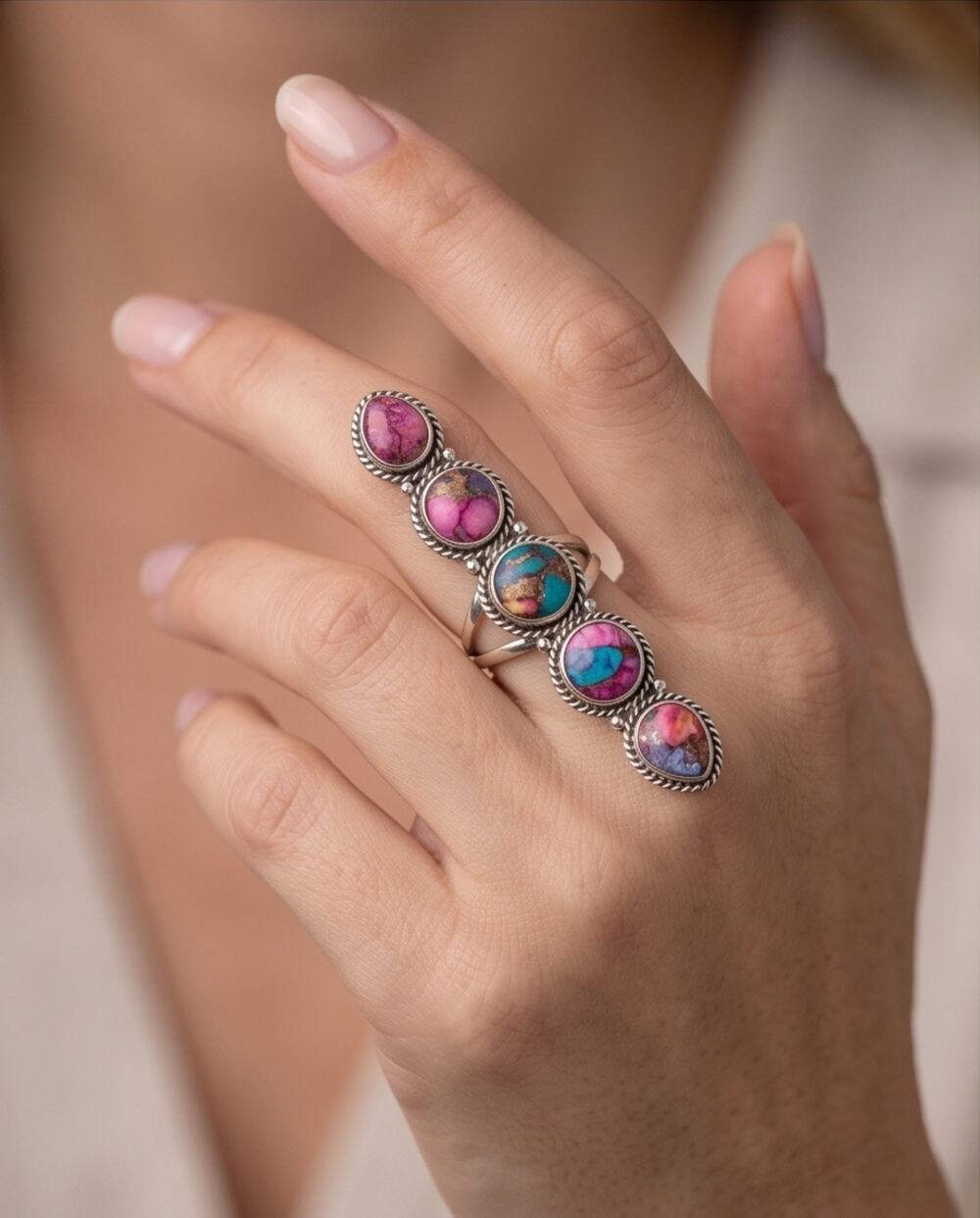 Pink Spiny Oyster Five Stone Statement Ring 2.50” Long Size Adjustable